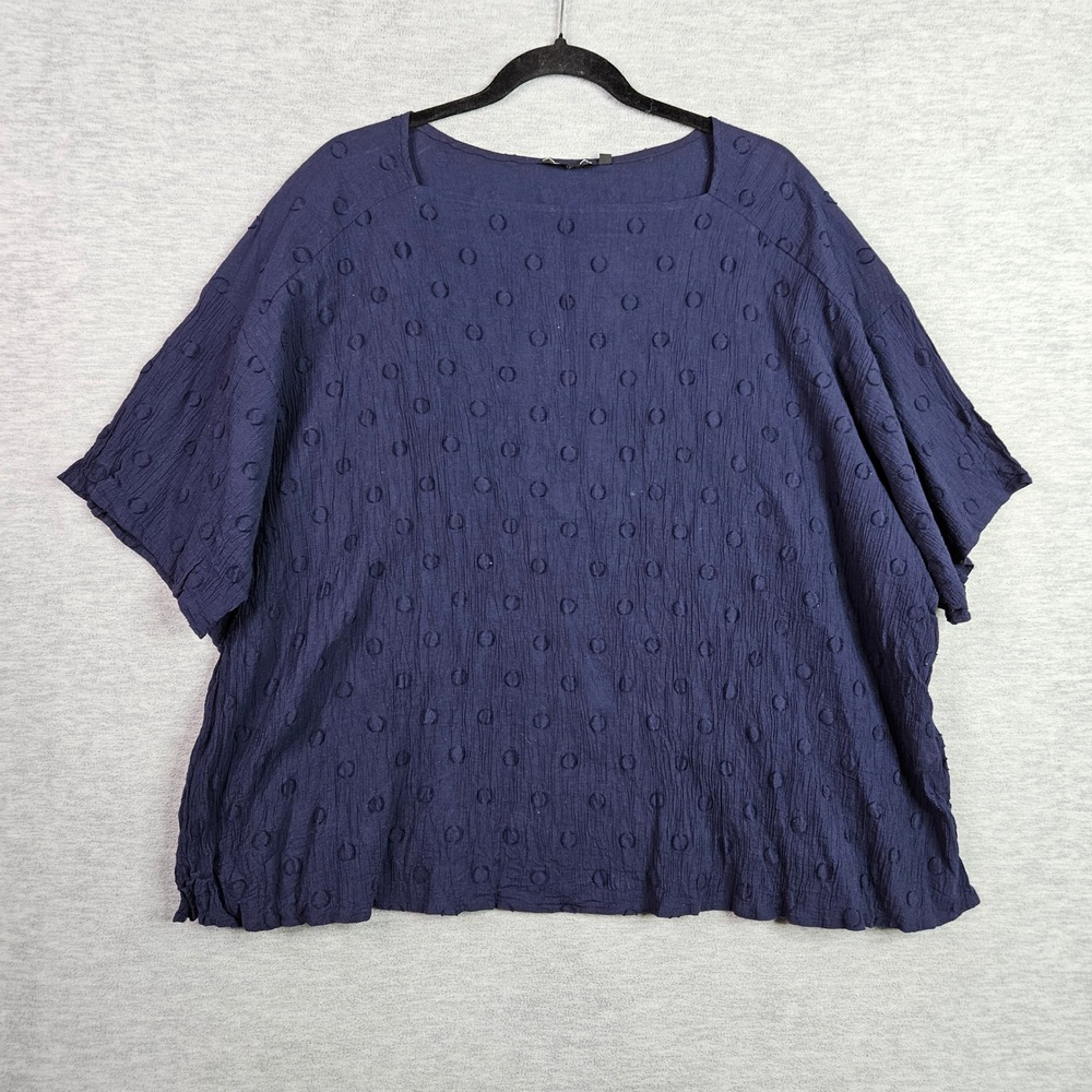 Pas de Calais Navy Textured Cotton Polka Dot Blouse Made in Japan Sz 38 US M